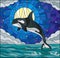 Stained glass illustration with a whale on the background of water ,cloud, starry sky and moon