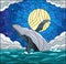 Stained glass illustration with a whale on the background of water ,cloud, starry sky and moon