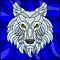Stained glass illustration with a white polar wolf head , on blue background, square image