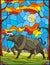 Stained glass illustration  wild bull on the background of autumn trees, mountains and sky
