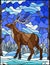 Stained glass illustration with wild deer on the background of trees, mountains , snow and sky