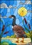 Stained glass illustration with wild goose on beach background with reeds and Sunny sky