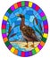 Stained glass illustration with  wild goose on beach background with reeds and Sunny sky, oval image in bright frame