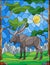 Stained glass illustration with wild moose on the background of trees, mountains and sky