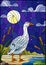 Stained glass illustration with wild wite goose on beach background with reeds , sky and moon