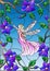 Stained glass illustration with a winged fairy in the sky, flowers and greenery