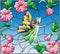 Stained glass illustration with a winged fairy in the sky, flowers and greenery