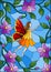 Stained glass illustration with a winged fairy in the sky, purple flowers and greenery