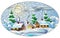 Stained glass illustration with  a winter landscape, cozy village houses against a snowdrift and a night sky with a moon, oval ima