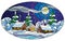 Stained glass illustration with a winter landscape, cozy village houses against a snowdrift and a night sky with a moon, oval imag