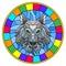 Stained glass illustration with a wolf head , a circular image with bright frame
