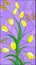 Stained glass illustration with yellow buds tulips and colorful butterflies on a purple background