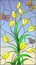 Stained glass illustration with yellow buds tulips and colorful butterflies on a sky background