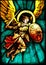 Stained glass with the image of an angel flying to the attack, in gold armor with a sword and a shield .