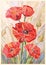Stained glass large flowers poppies on a light beige background