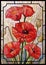 Stained glass large flowers poppies on a light beige background in a geometric frame