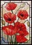 Stained glass large flowers poppies on a light beige background in a geometric frame. Black lines