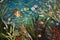 stained glass mosaic of tropical fish swimming among underwater plants