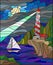Stained glass picture of the seascape, lighthouse and sailboat