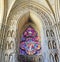 Stained glass window in cathedral in Reims