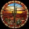 Stained Glass Window With Desert Cactus And Sunset In Art Nouveau Style