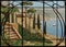 Stained glass window Mediterranean landscape. Painting the Italian coast