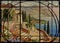 Stained glass window Mediterranean landscape. Painting the Italian coast. Black lattice frame in Art Nouveau style