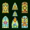 Stained glass windows. Church cathedral decorative transparent colored windows frame with piece glasses beautiful