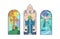 Stained Glass Windows Depict Cross, Saint Mary And White Dove. Intricate Patterns And Vibrant Colors Vector Illustration