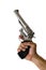 Stainless steel 44 Magnum handgun held in hand