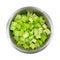 Stainless steel bowl filled with chopped celery