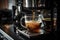 stainless steel coffee machine hums with life as steam billows from its spout