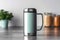 Stainless steel hot beverage container, showcasing a metallic warm aesthetic