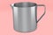 Stainless steel milk frothing pitcher cup with handle on pink background.