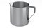 Stainless steel milk frothing pitcher cup with handle on white background.