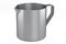 Stainless steel milk frothing pitcher cup with handle on white background.