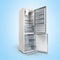 Stainless steel modern open refrigerator on blue 3d illustration