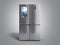 Stainless steel modern refrigerator on grey 3d illustration