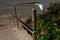 stainless steel pipe guard and handrail detail with rose bush and flower garden in the background