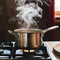 Stainless steel pot on gas stove emits swirling steam at home