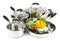 Stainless steel pots and pans with vegetables