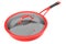 Stainless steel red frying pan with glass lid and chrome cookware on white