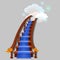 Stair with blue carpet leading into the clouds with shining stars isolated on gray background. Sketch for greeting card