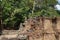 The stair of the ruined medieval university in Cambodia. Stone figures of animals. Ancient ruins