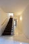 Staircase with carpet, gold handrail and marble corridor