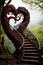 A staircase with a heart shaped staircase leading to a tree. Generative AI image.