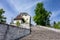 Staircase and historical buildings on the island in the middle of Bled Lake in Slovenia