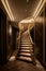 Staircase in a modern hotel, black and gold color. Modern corridor or hallway