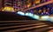 Staircase and mural at night in National Harbor, Maryland.