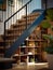 Staircase with an open bookshelf on wall. The shelves are filled with various books, and there is also potted plant